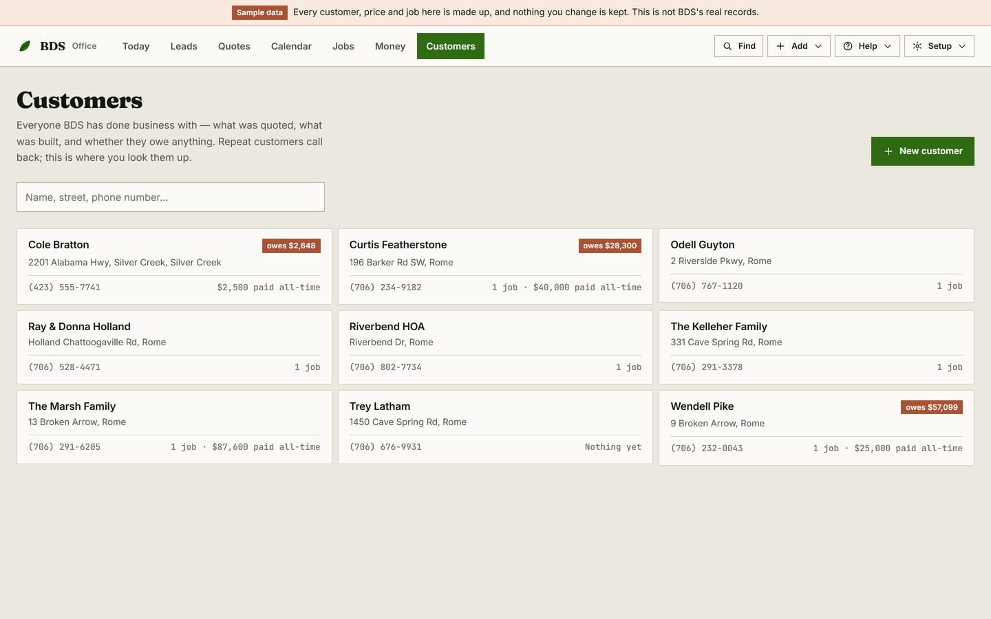 The BDS customer list showing what each customer has paid and still owes