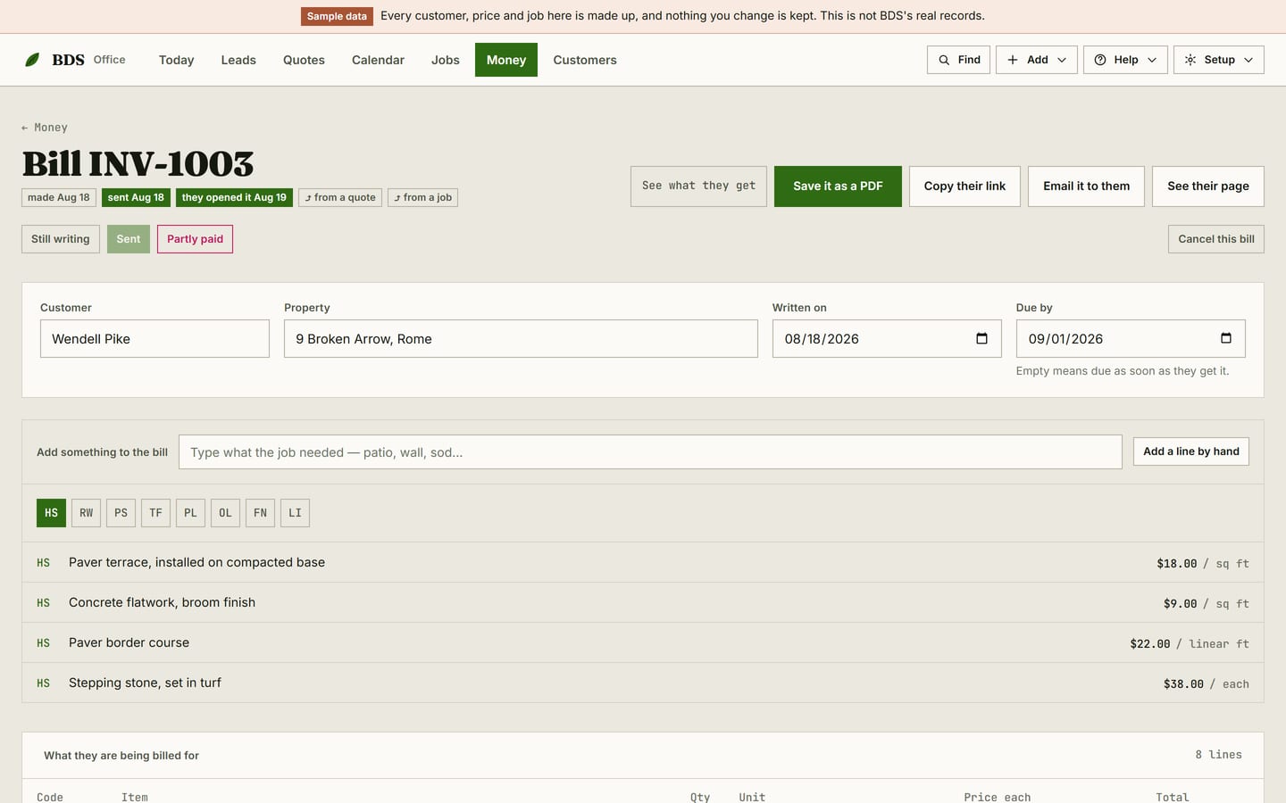 A BDS invoice showing when it was sent and opened, its line items and its payment state