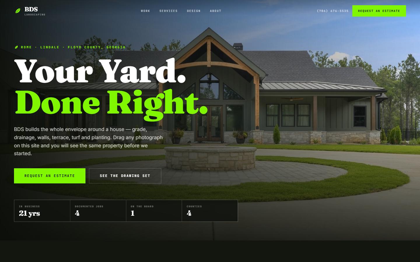BDS Landscaping website hero with a before and after drag handle