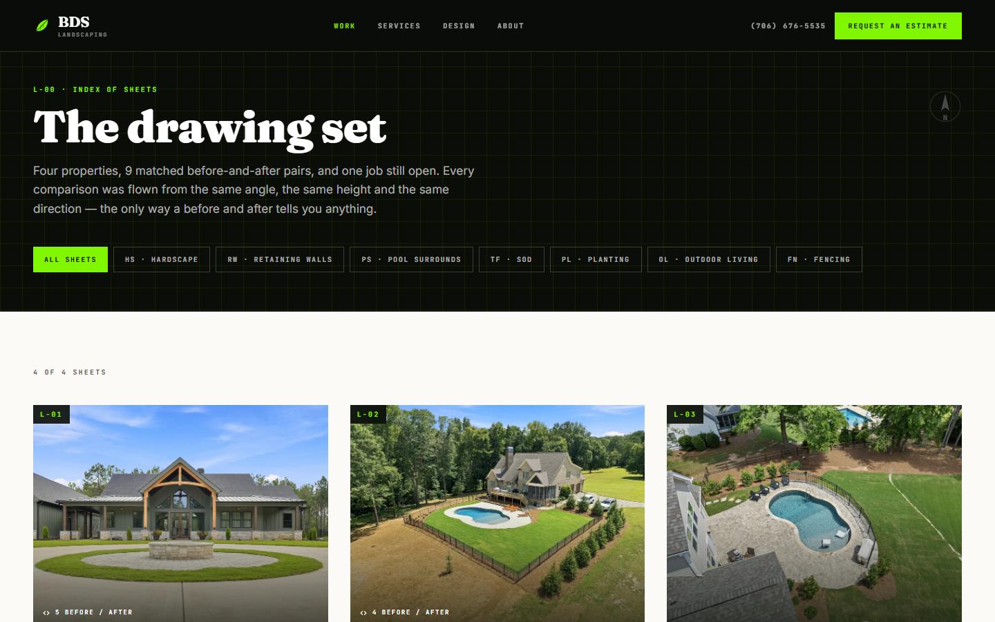BDS Landscaping project index laid out as a drawing set with sheet numbers