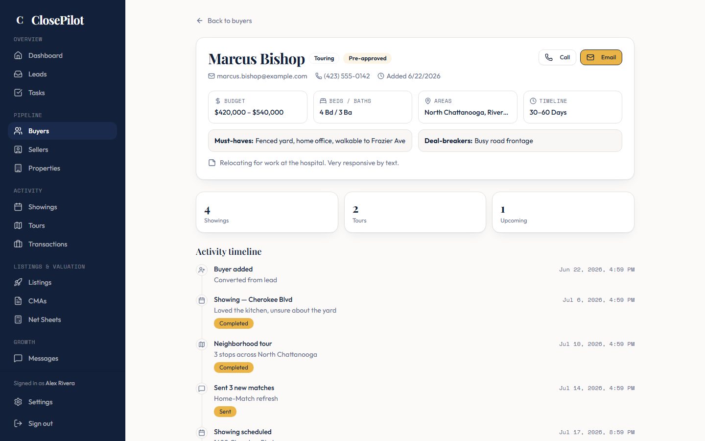 ClosePilot buyer profile with must-haves and activity timeline