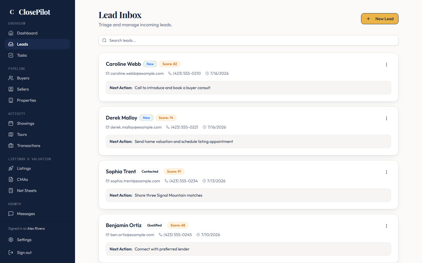 ClosePilot lead inbox with lead scores and next best action