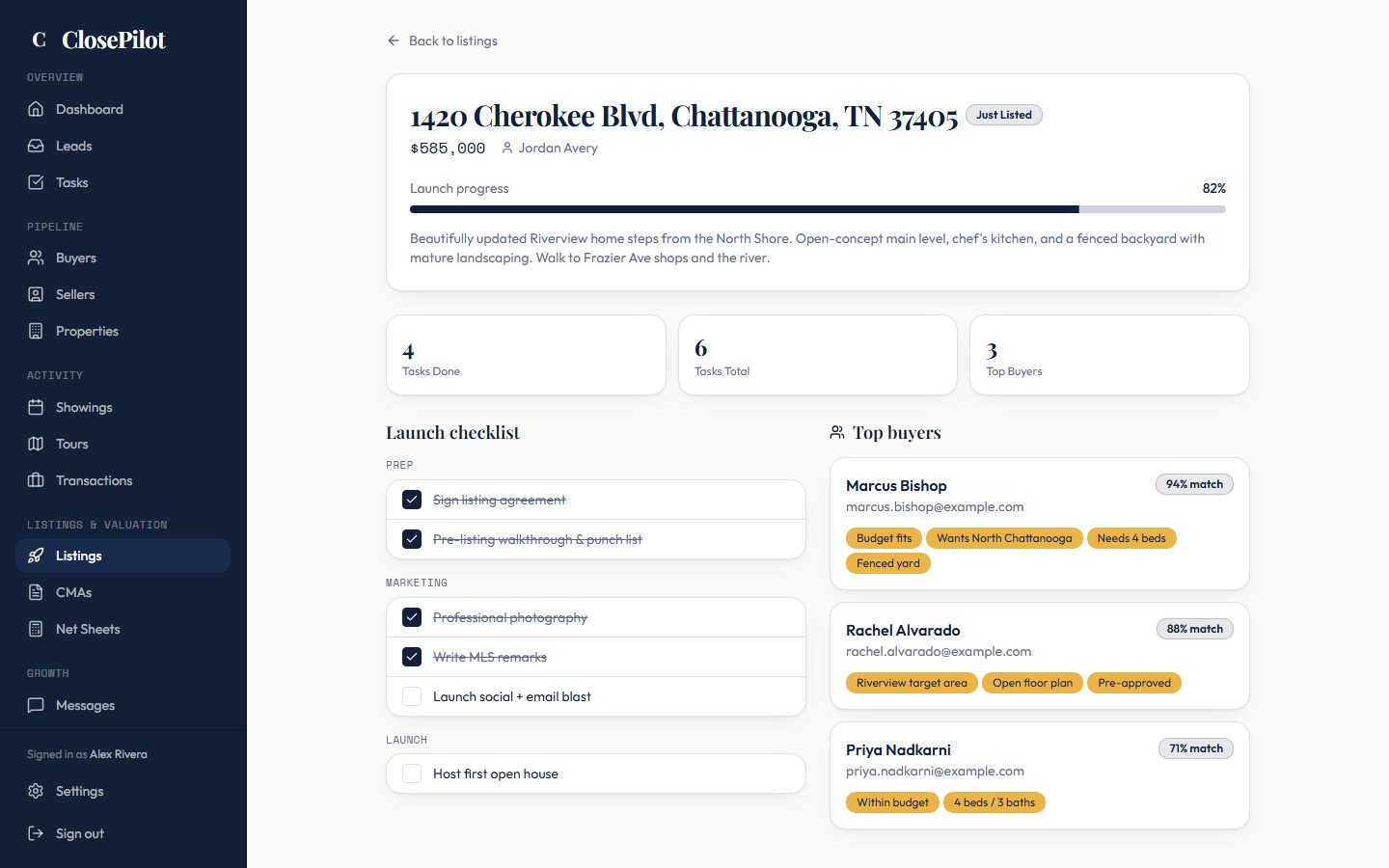 ClosePilot listing detail with automatic buyer matching