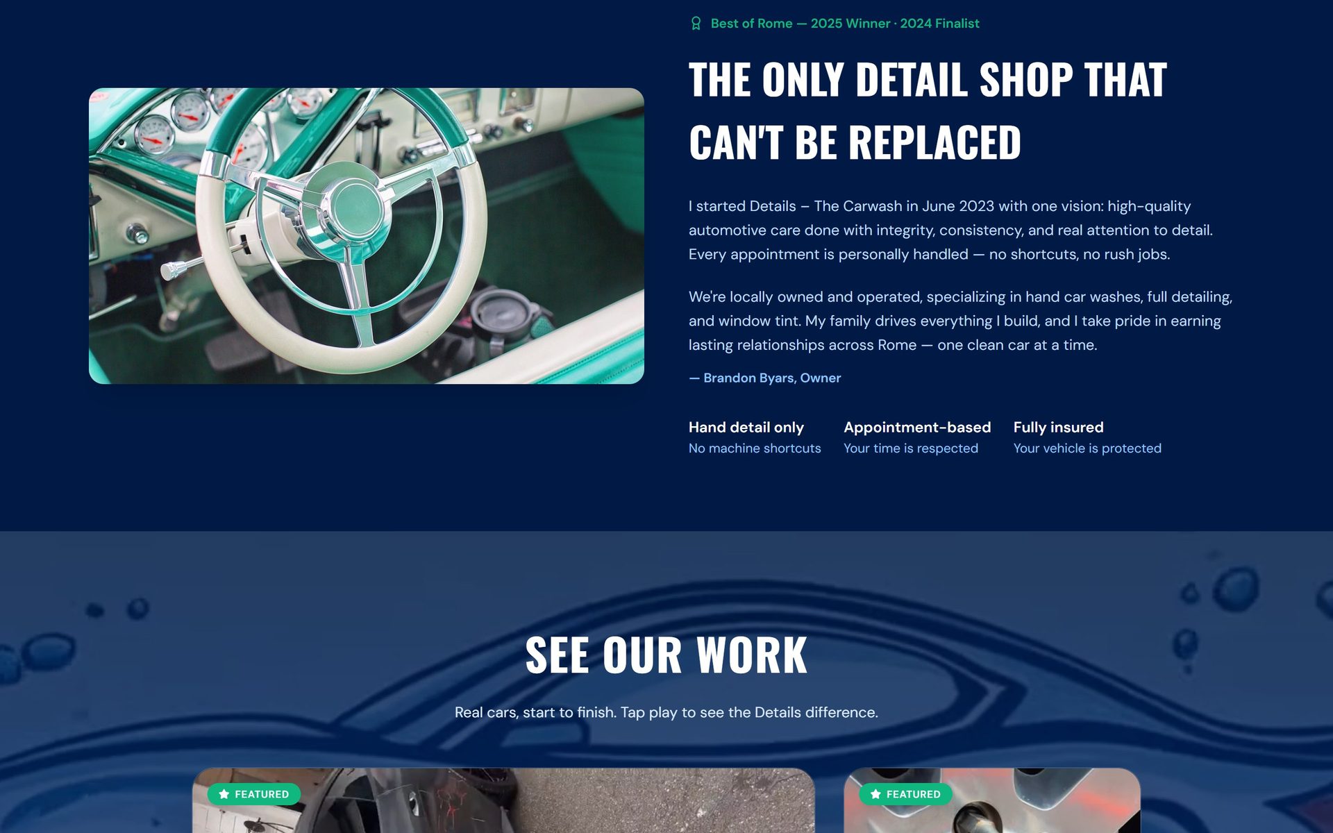 Details brand story section with the owner's note, award and trust signals