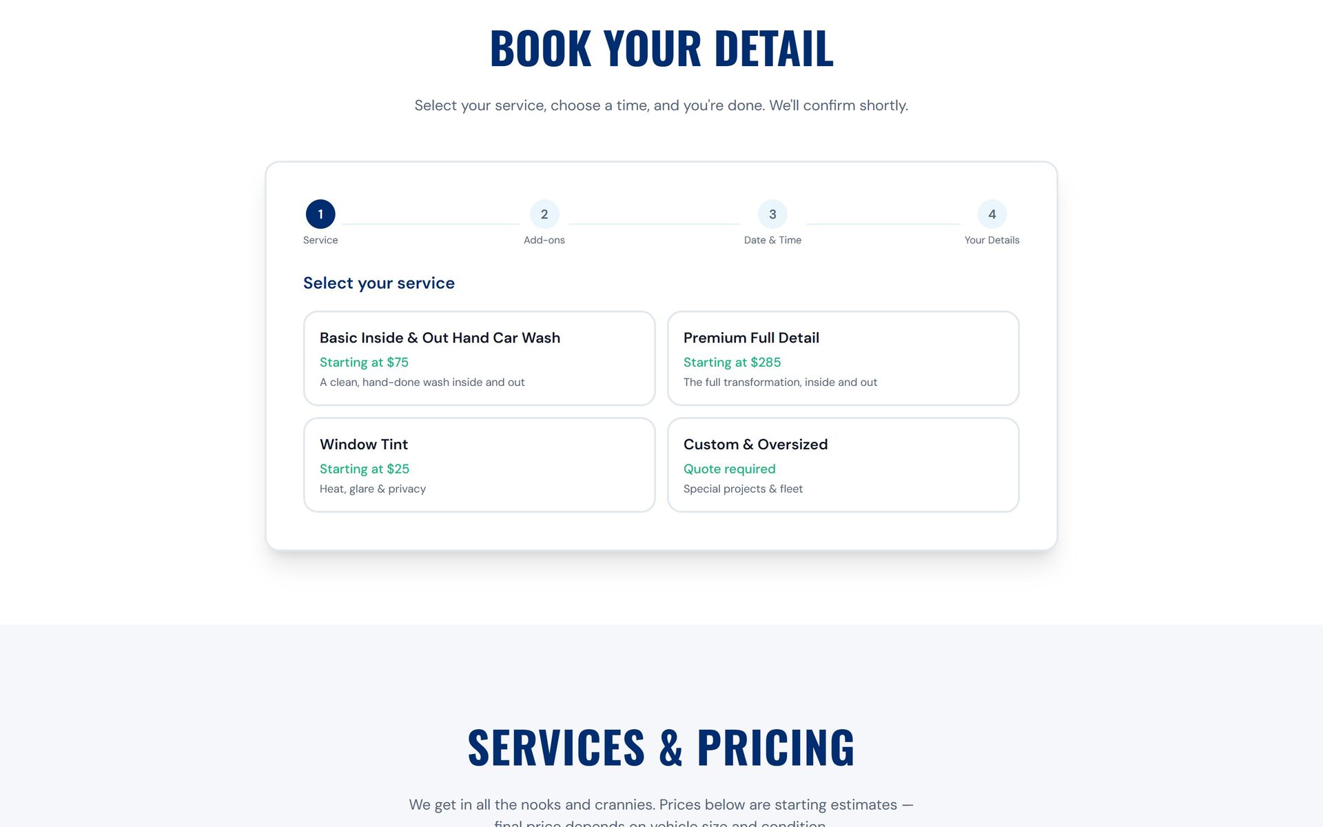 Details online booking flow with a four-step service, add-ons, date and details wizard