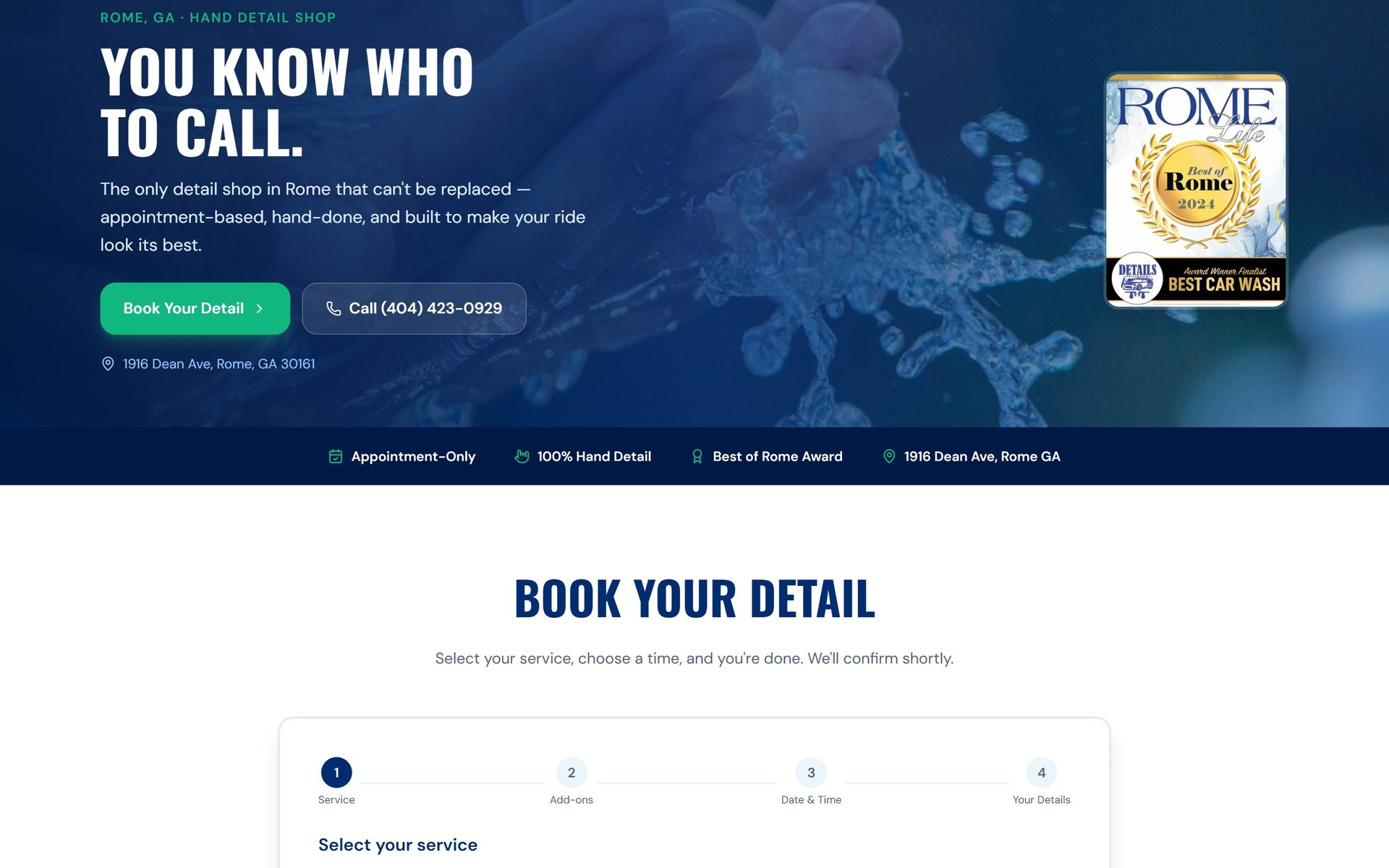 Details — The Carwash homepage hero with the Best of Rome award and one-tap Book and Call buttons