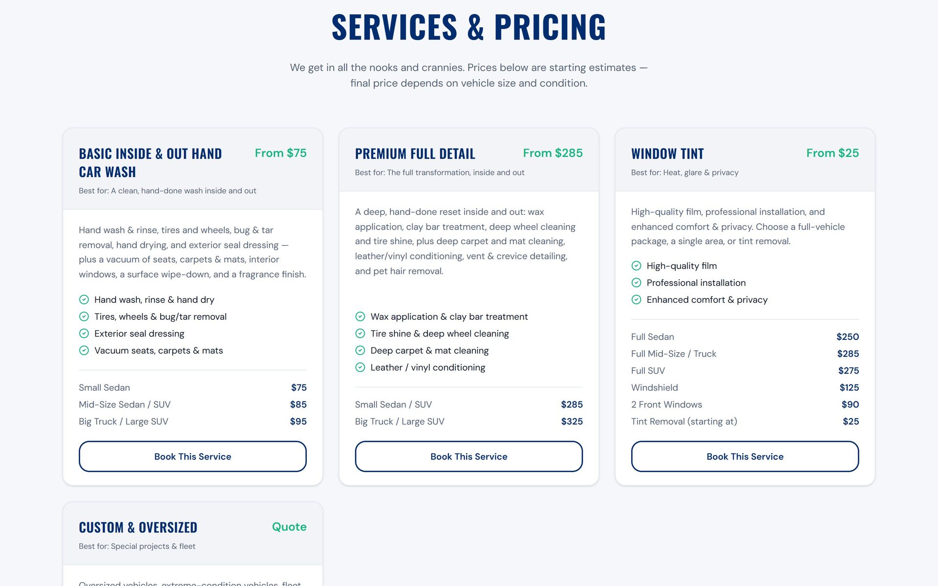 Details services and pricing with size-tiered prices for hand wash, full detail and window tint