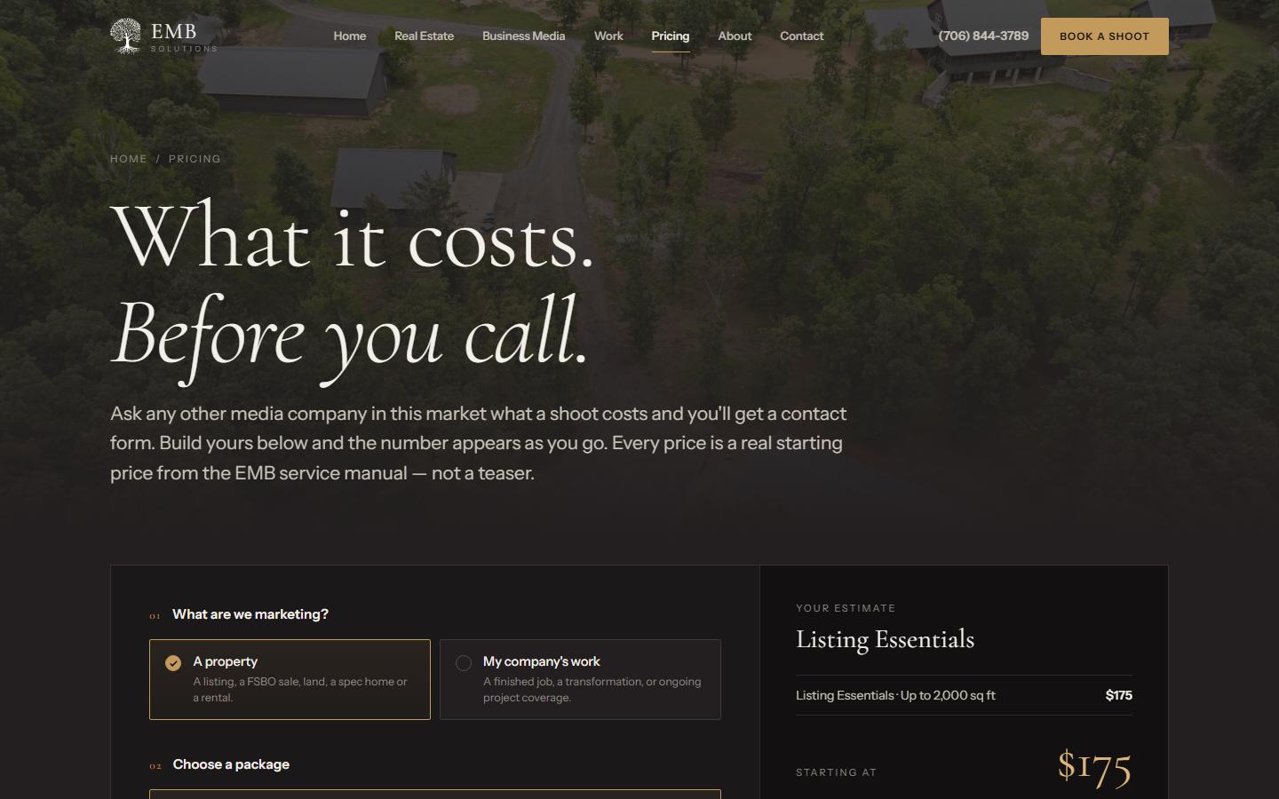 EMB Solutions shoot builder pricing an estimate live on the page