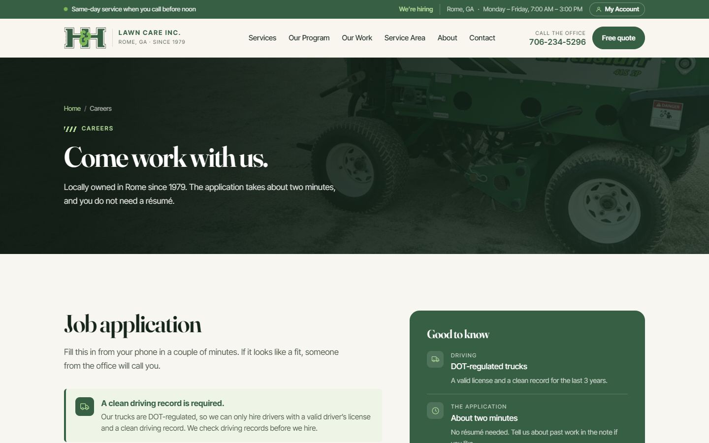 H & H Lawn Care careers page with a two-minute job application