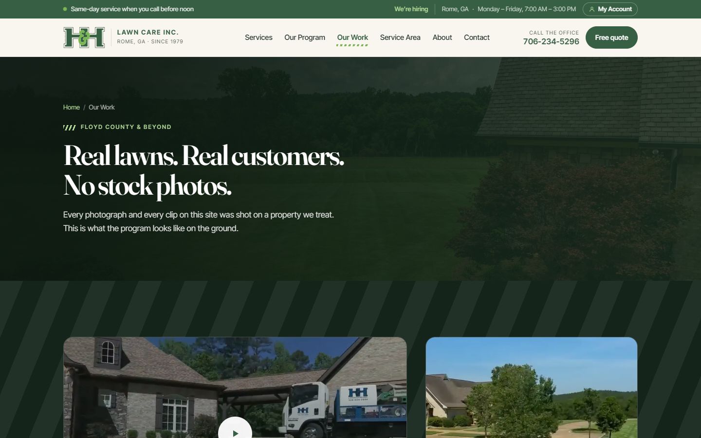 H & H Lawn Care Our Work page of real customer lawns and video