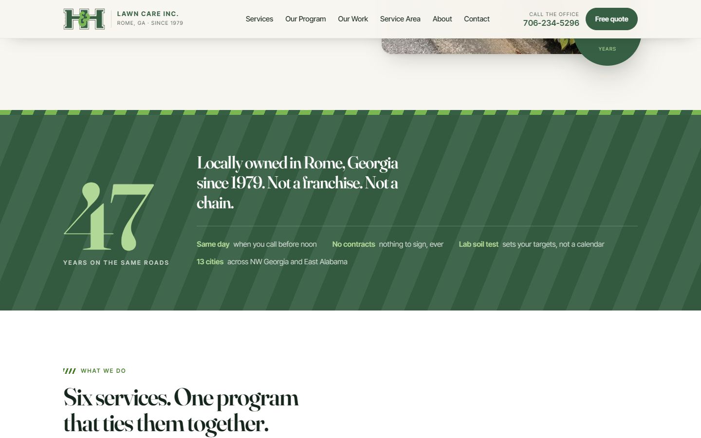 H & H Lawn Care mow-stripe band reading locally owned in Rome since 1979