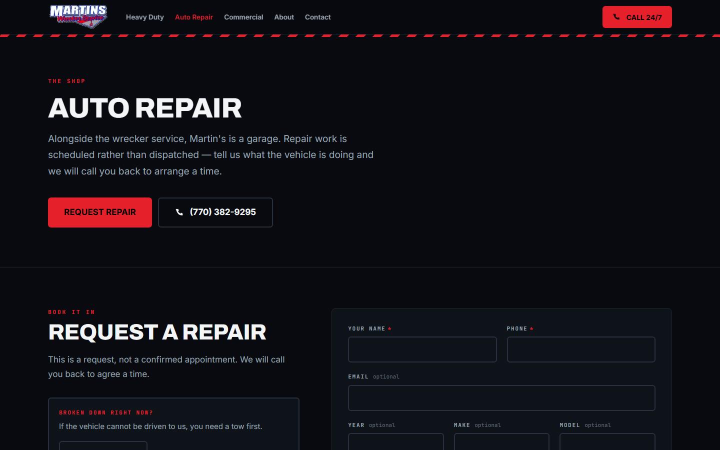 Martin's Wrecker Service auto repair page