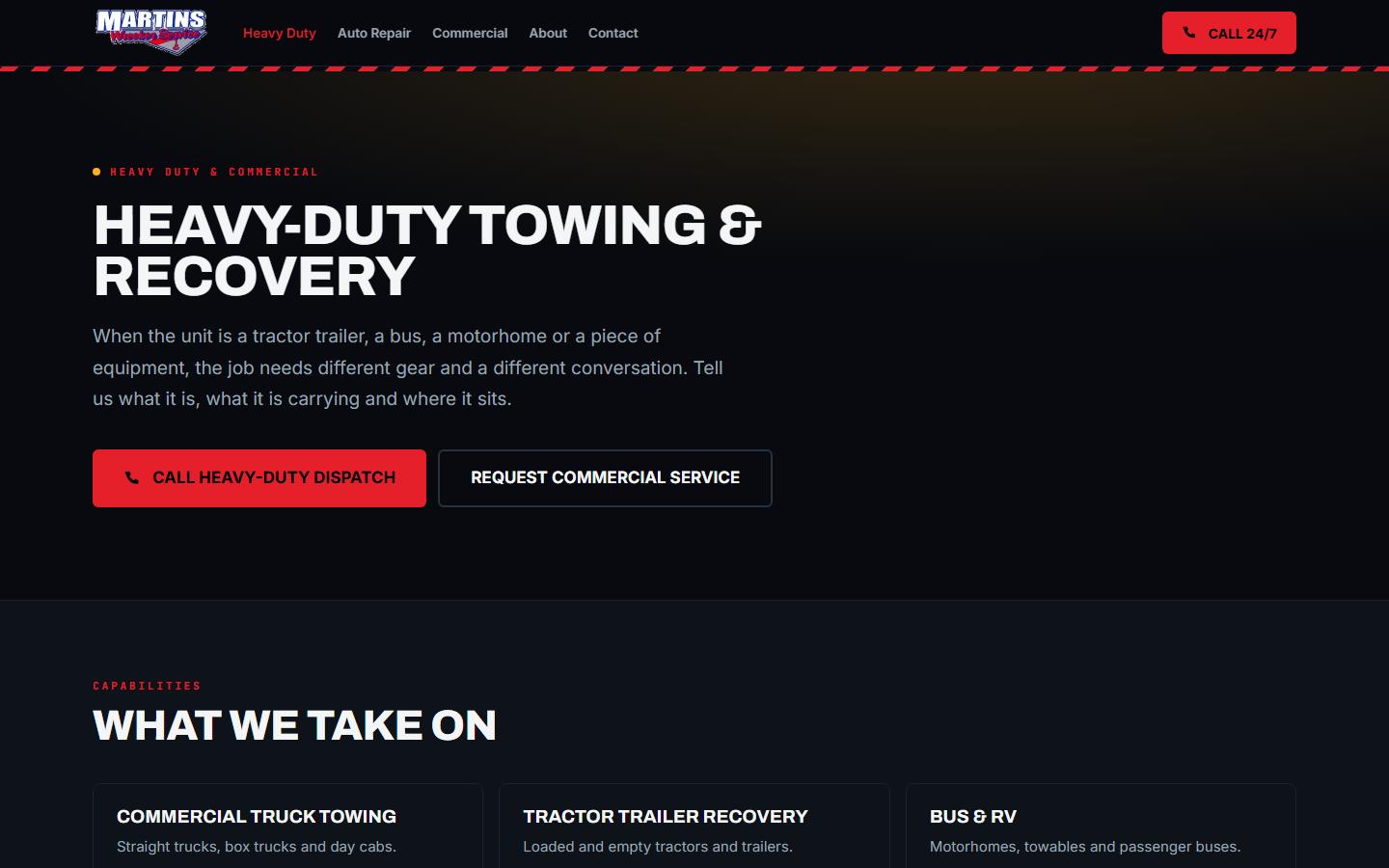 Martin's Wrecker Service heavy-duty recovery page