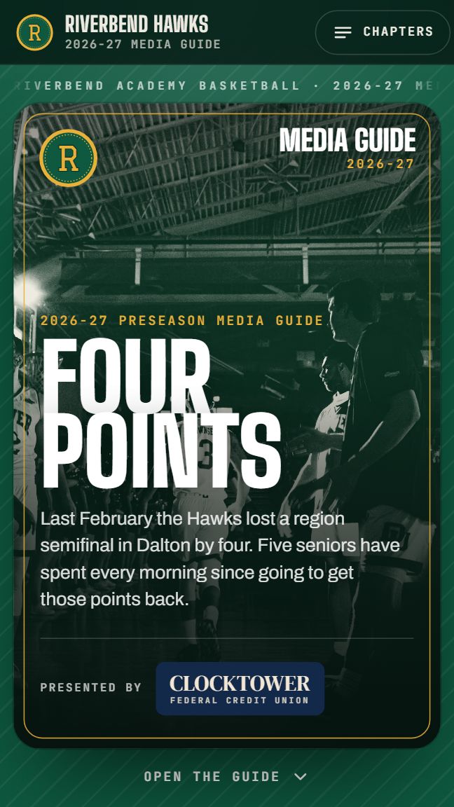 The Riverbend Hawks 2026-27 preseason media guide cover on a phone