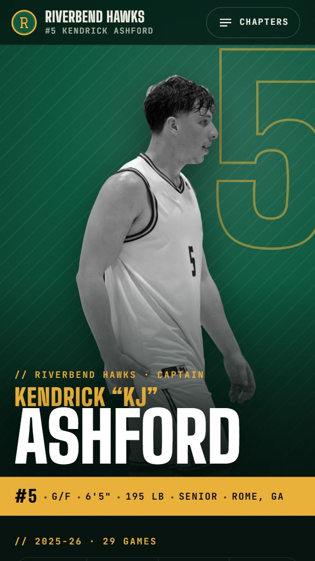 The player page for KJ Ashford, a fictional sample athlete