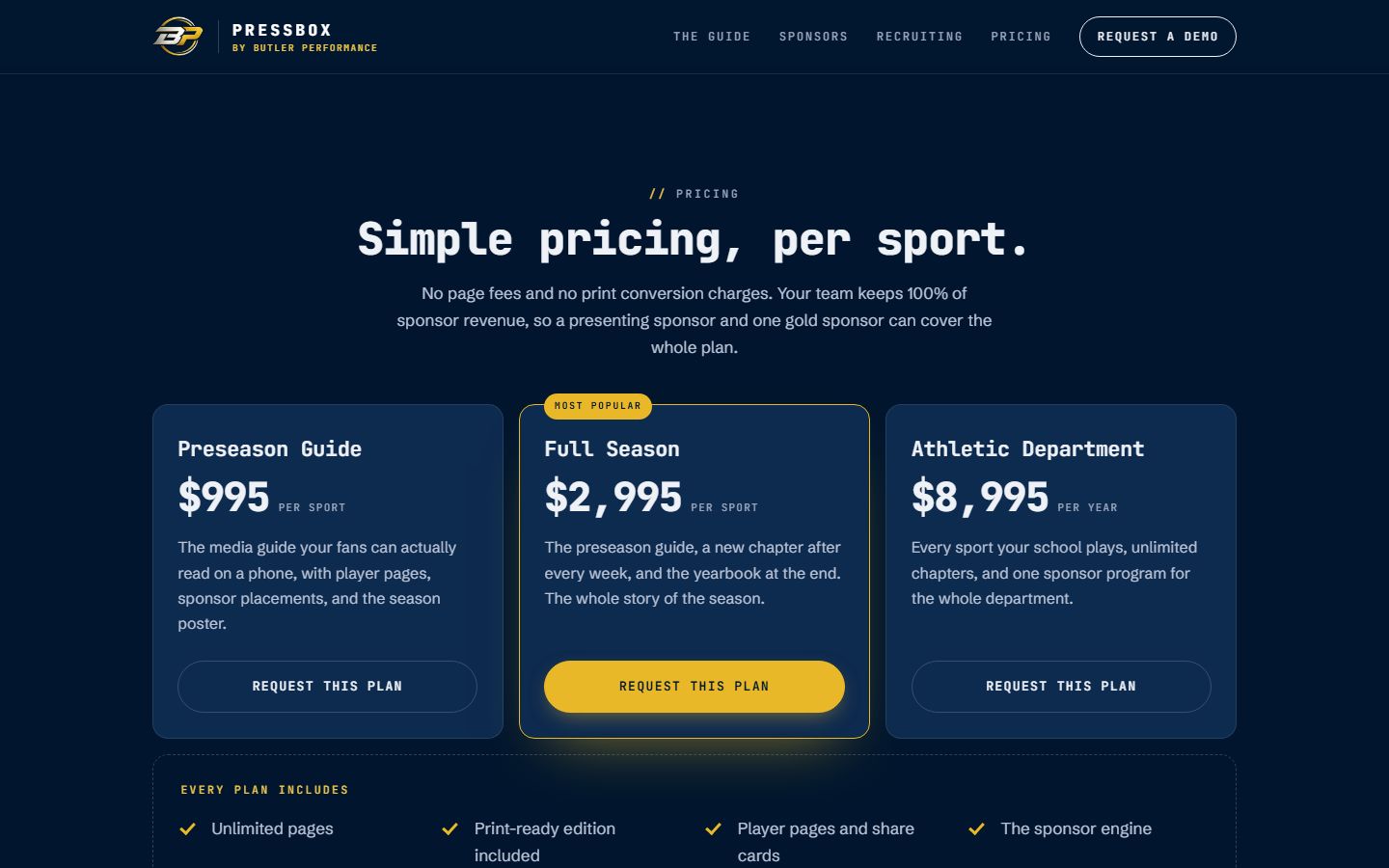 Pressbox pricing: Preseason Guide, Full Season and Athletic Department plans