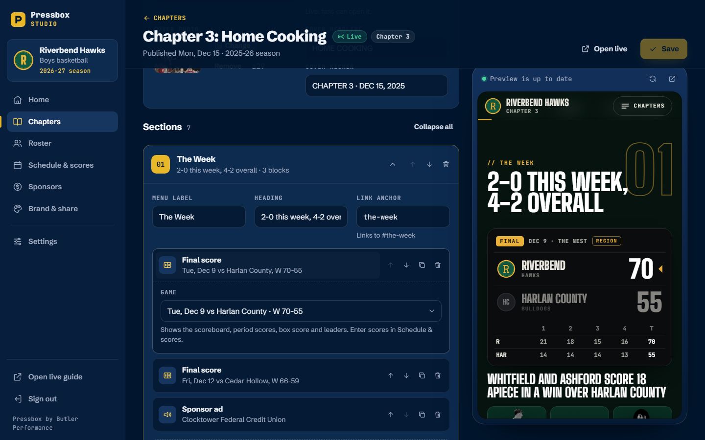 The Pressbox chapter editor with blocks beside a live preview of the chapter