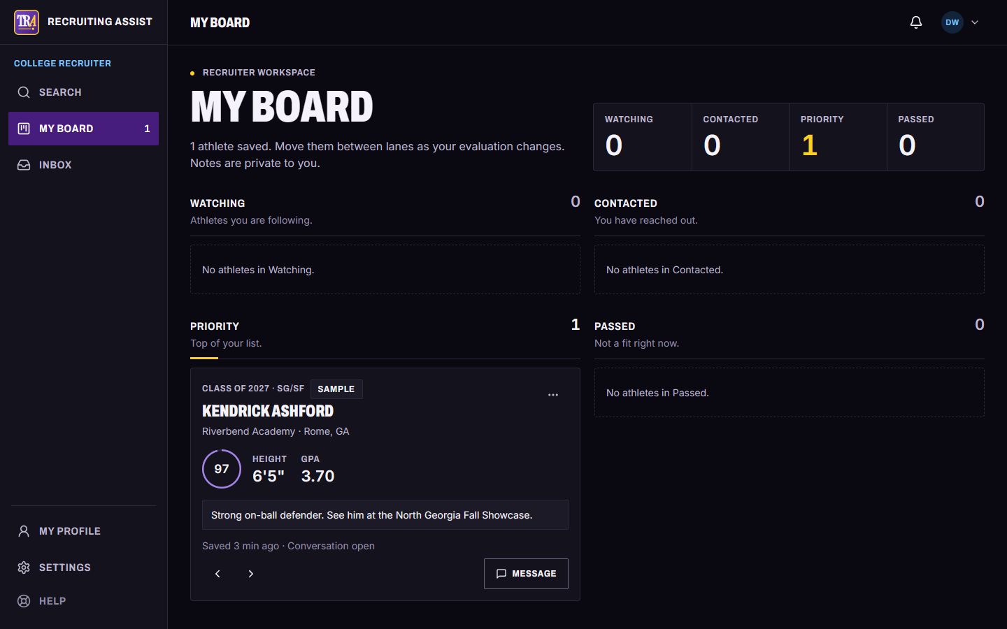 The Recruiting Assist college recruiter board with a sample athlete in the Priority lane
