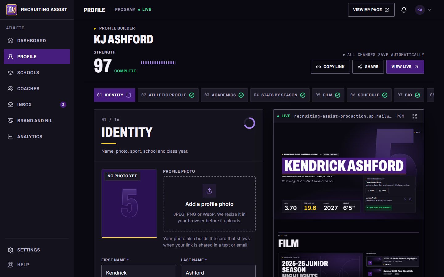 The Recruiting Assist profile builder with a live preview of the public page