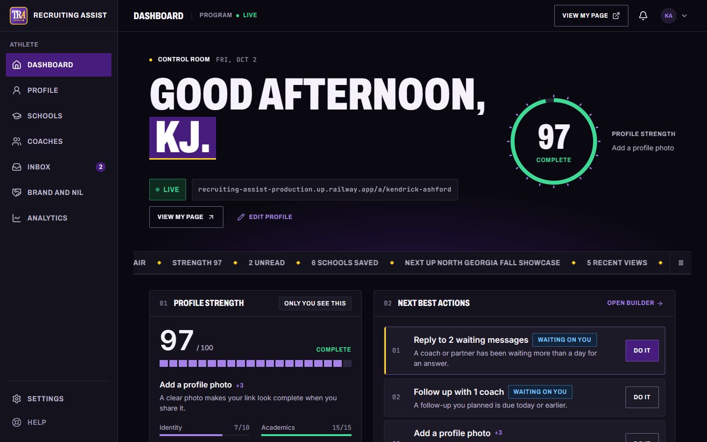 The Recruiting Assist athlete dashboard with profile strength and next best actions