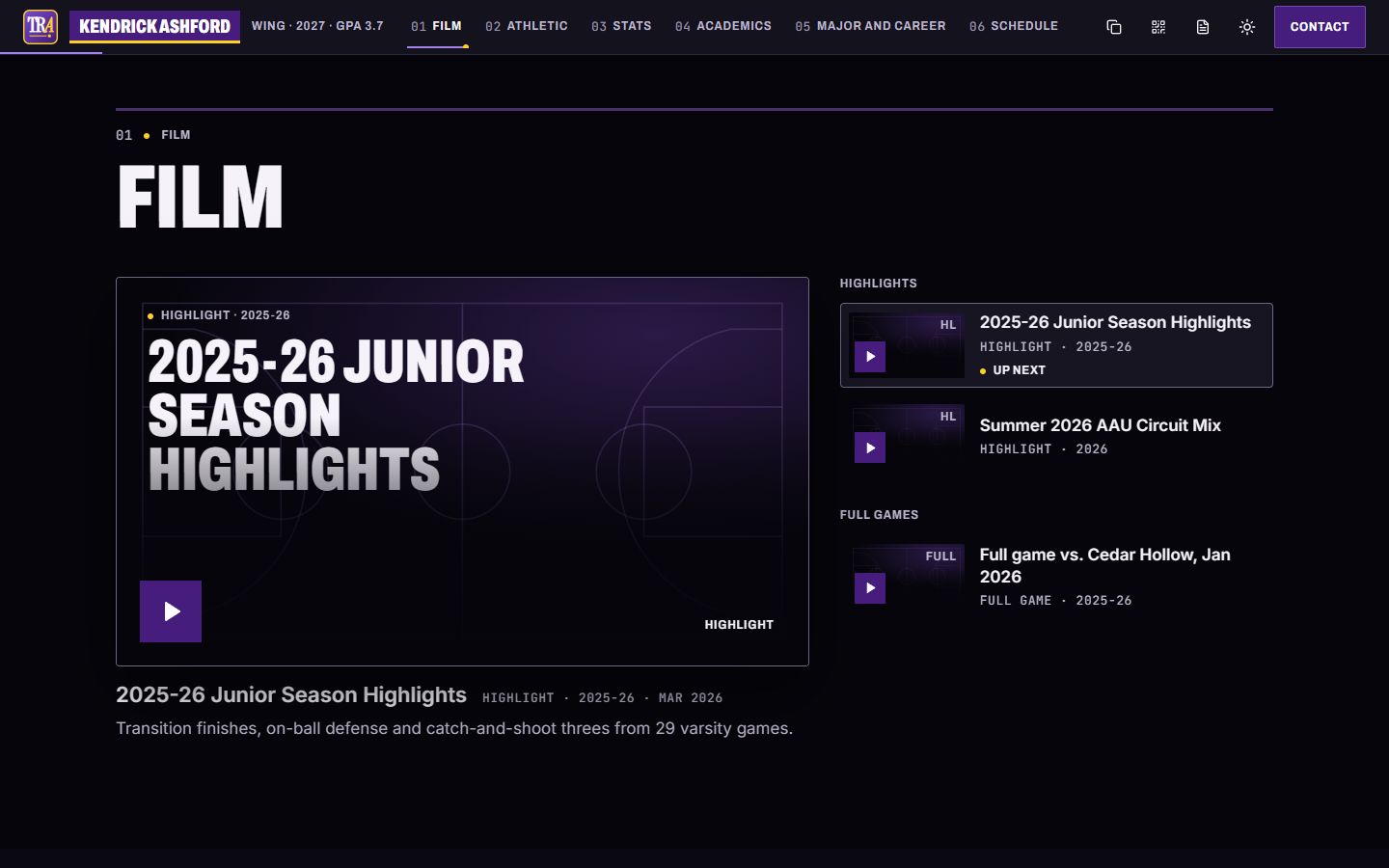 The film section of a Recruiting Assist profile with highlights and full games