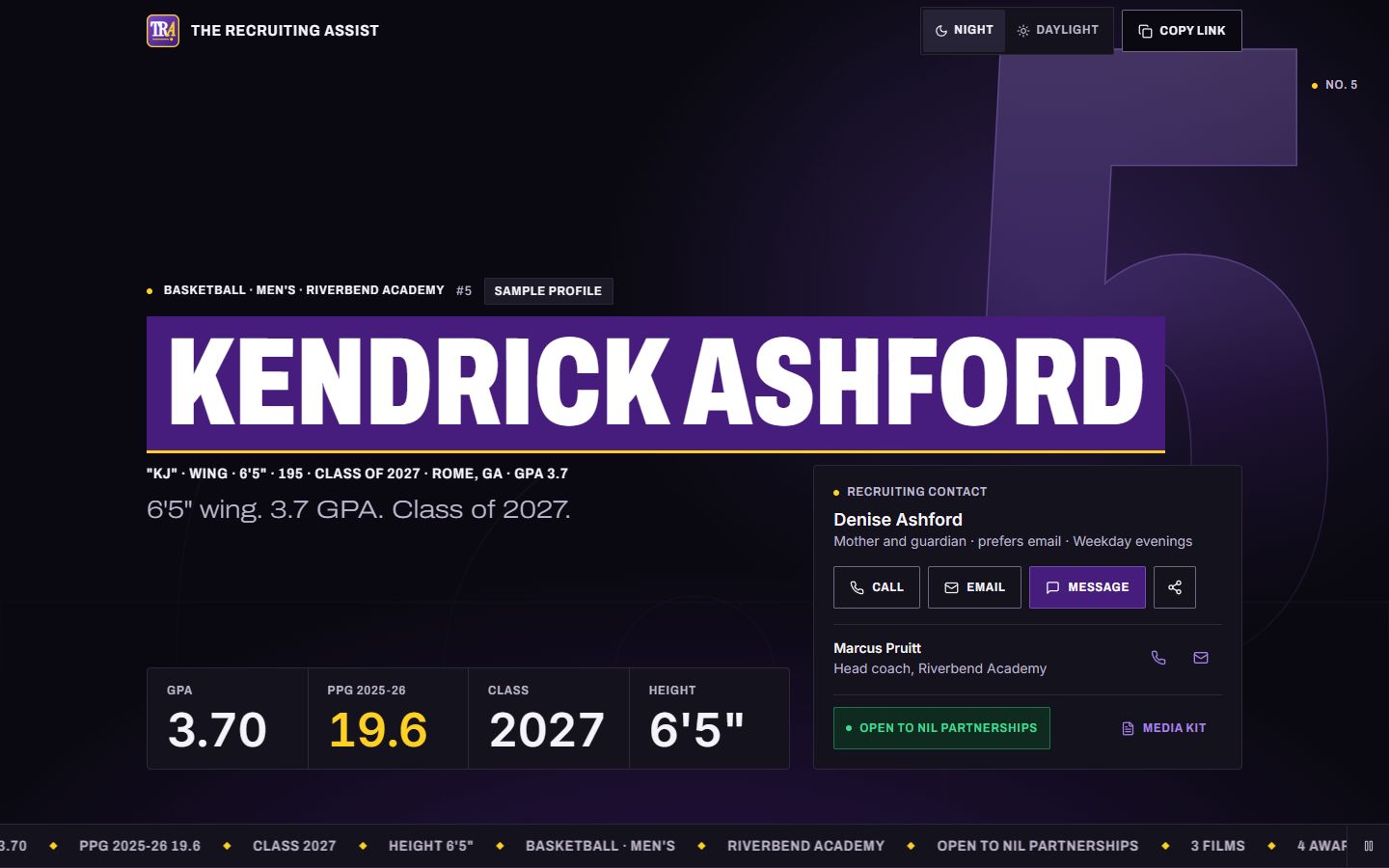 The sample athlete profile for KJ Ashford with GPA, points per game, class and height