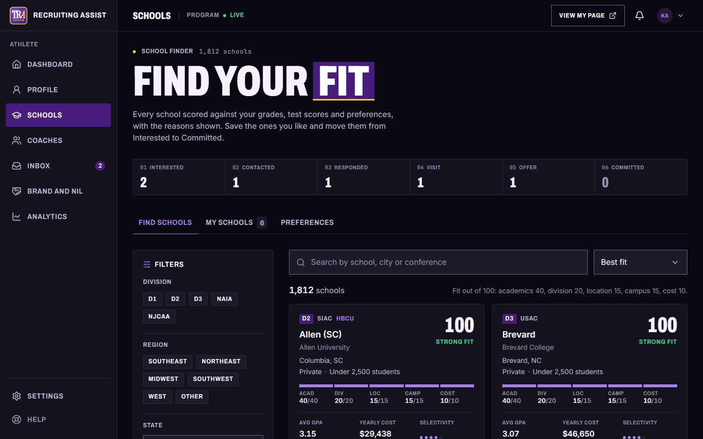 The Recruiting Assist school finder scoring schools out of 100 for fit