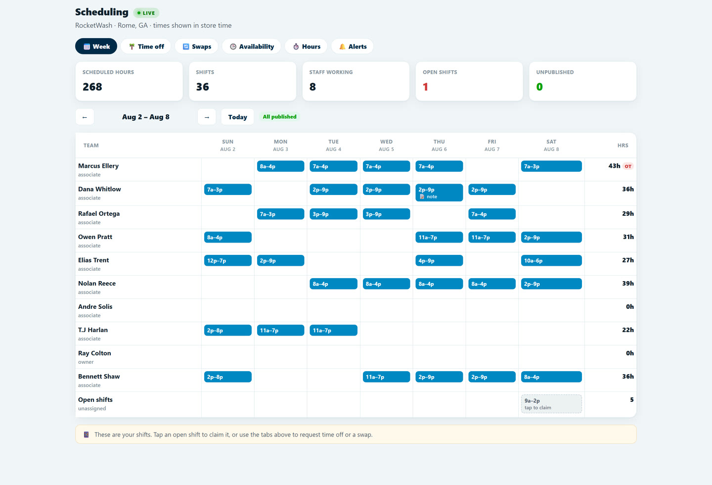 Rocket Wash scheduling as an associate sees it, with an open shift to claim