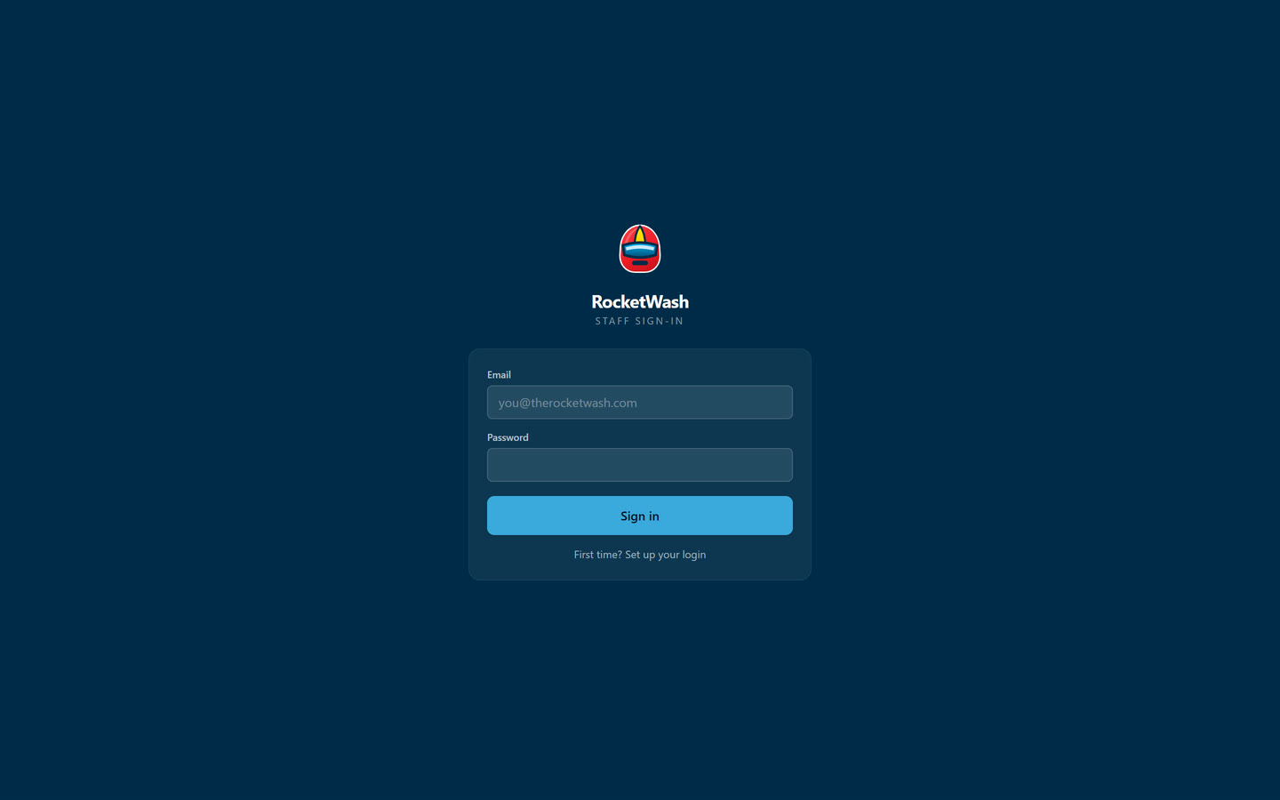 Rocket Wash staff sign-in screen
