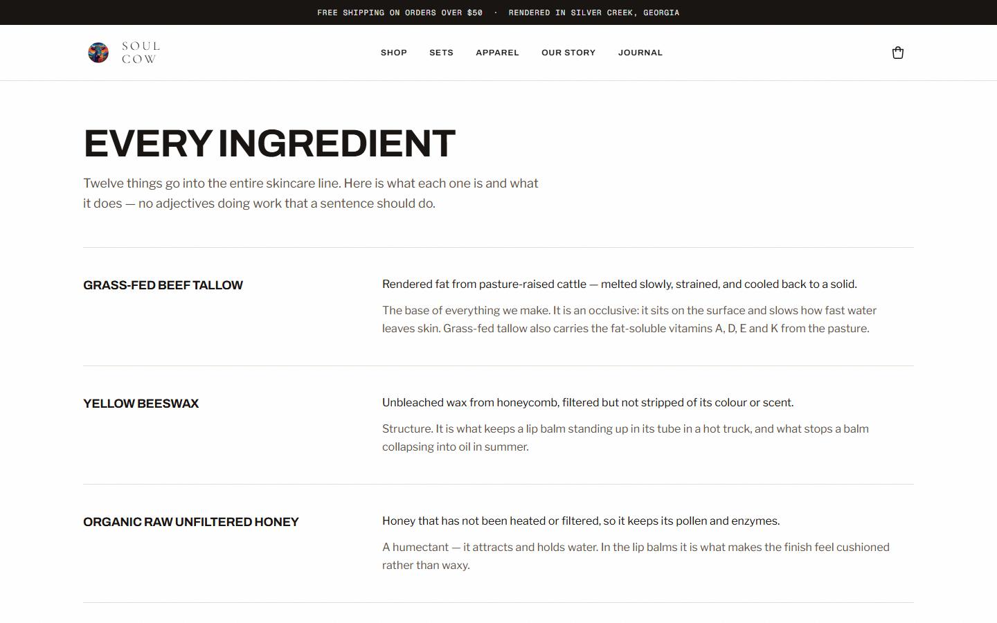 Soul Cow ingredients page explaining tallow and the sourcing story