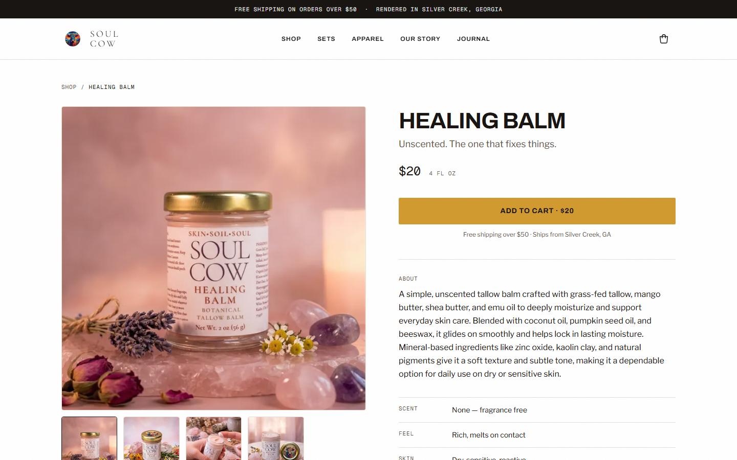Soul Cow product page with the full ingredient deck