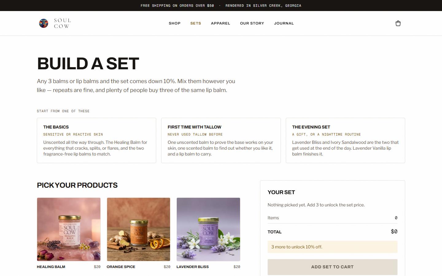 Soul Cow set builder with curated and build-your-own bundles