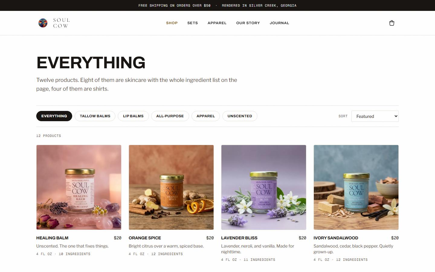 Soul Cow shop page with the full product catalog