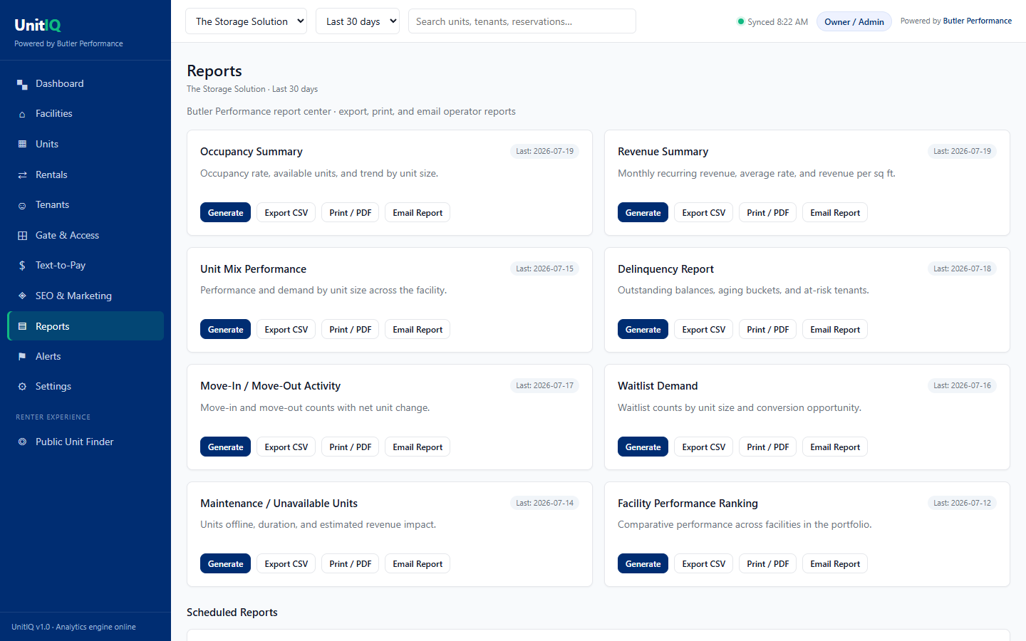 UnitIQ report center with occupancy, revenue, delinquency and demand reports