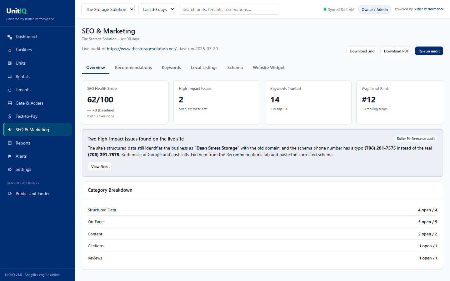 UnitIQ built-in SEO and marketing audit of the live facility website