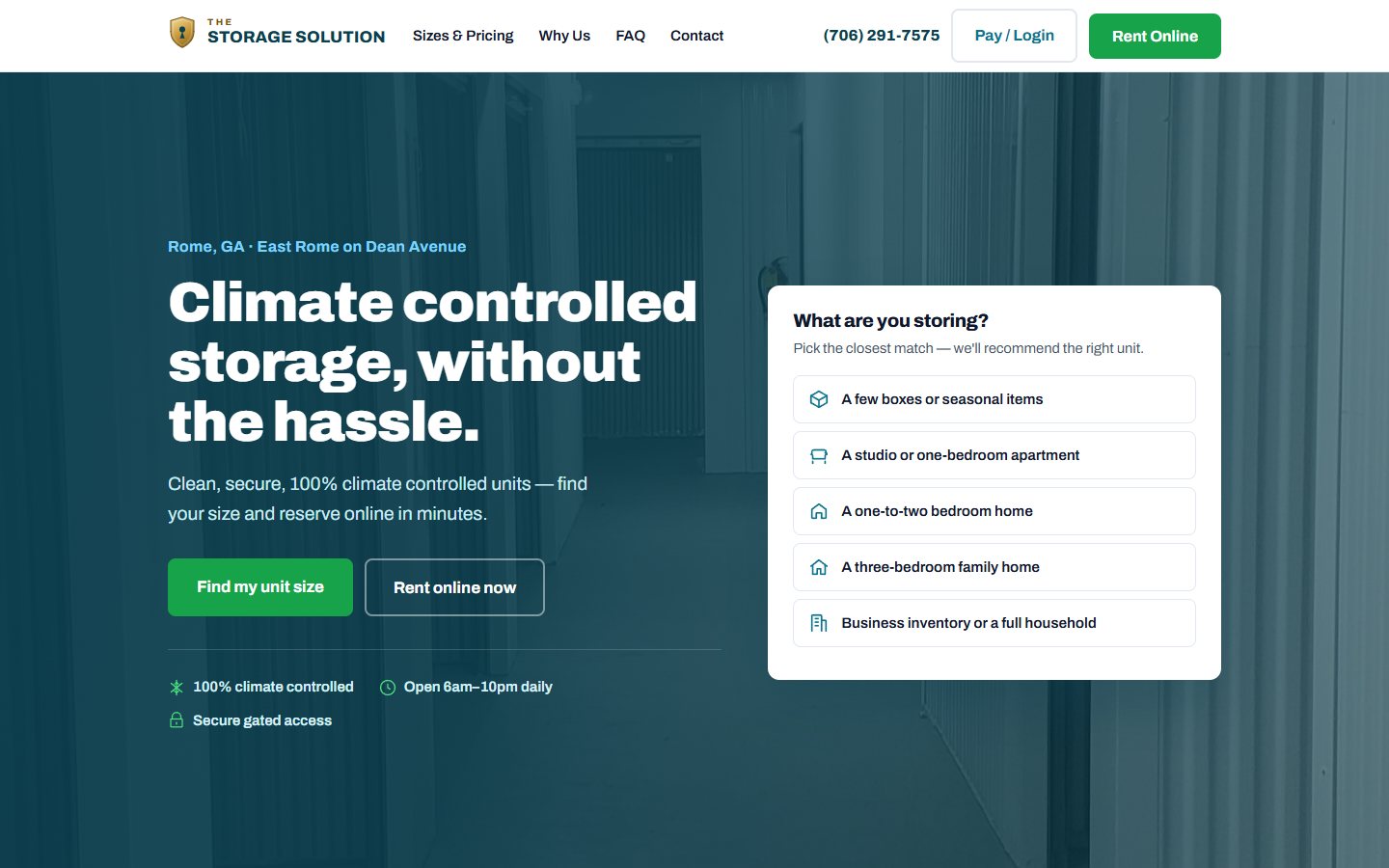The Storage Solution website hero with a guided what-are-you-storing unit finder