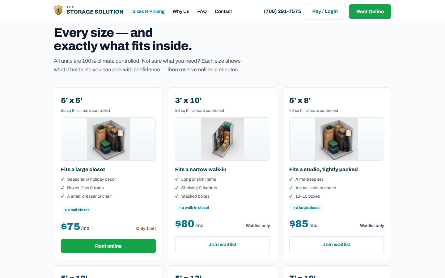 The Storage Solution sizes and pricing with what-fits guidance and live availability